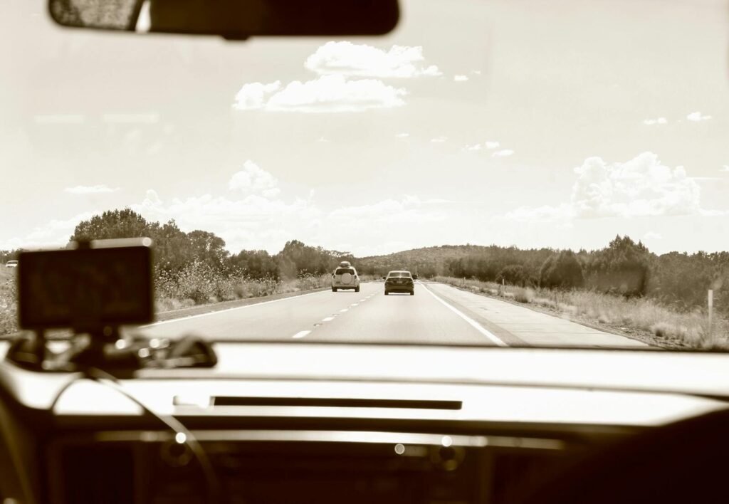 Dash cam mounted in a car recording road ahead