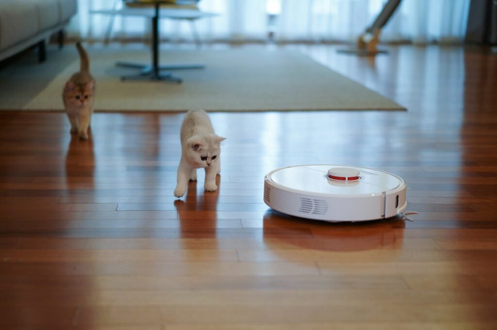 Robot vacuum cleaning hardwood floor in living room