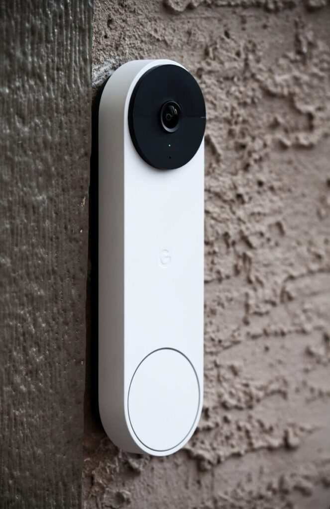 Video doorbell mounted on brick wall beside front door